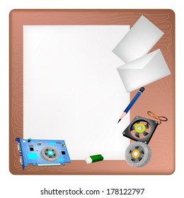 A Sharpened Pencil, Eraser, Computer Graphic Card or Video Card and Power Supply Lying on Blank Paper with A Postcard and A Letter on Brown Wooden Table. 