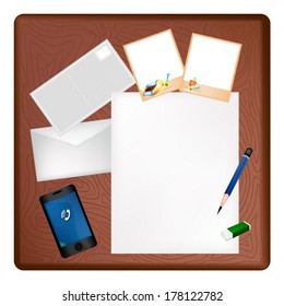 A Sharpened Pencil, Eraser and  Empty Instant Photo Lying on Blank Paper with A Postcard, Envelope and Smart phone on Dark Brown Wooden Table. 