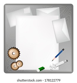 A Sharpened Pencil, Eraser, Gears and Wrench Lying on Blank Paper with Envelope on Grey Wooden Table. 
