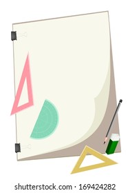 A Sharpened Pencil and Eraser with Geometric Rulers and Protractor Laying on Art Board or Artist Clipboard for Sketch and Draw An Architectural Drawing. 