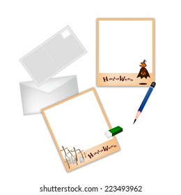 A Sharpened Pencil, Eraser and  Halloween Instant Photo with A Postcard, Envelope and Smart phone for Halloween Celebration. 
