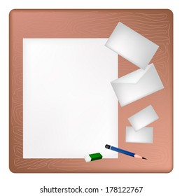 A Sharpened Pencil and Eraser Lying on Blank Paper with Name Cards and Envelope on Brown Wooden Table. 