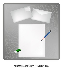 A Sharpened Pencil and Eraser Lying on Blank Paper with A Postcard and A Letter on Grey Wooden Table. 