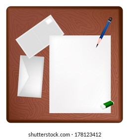 A Sharpened Pencil and Eraser Lying on Blank Paper with A Postcard and A Letter on Dark Brown Wooden Table. 