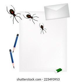 A Sharpened Pencil and Eraser Lying on Blank Paper with A Letter and Black Terrible Halloween Spiders, Sign For Halloween Celebration. 