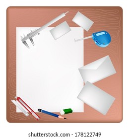 A Sharpened Pencil, Eraser, Vernier Caliper, Tape Measure Device and Utility Knife Lying on Blank Paper with Name Cards and Envelope on Architect Working Table. 
