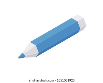 Lápiz afilado, ilustración isométrica. Herramienta de madera azul para dibujar y notas en papel. Equipo para artes visuales creativas y educación. Estacionería con realismo vectorial de vara de grafito.