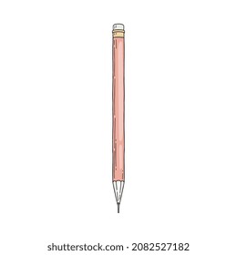 Sharpened pencil with rubber eraser. Stationery for education at school, work at office or drawing. Vector color hand drawn sketch illustration isolated on white.