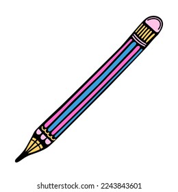 Sharpened pencil vector icon. Hand drawn simple colored doodle. Wooden striped pen with an eraser. School supplies, stationery for writing. Office sketch. Flat cartoon clipart isolated on white