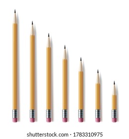 Sharpened pencils set, sharp writing and drawing stationery. Different sharp length pencil collection. Vector realistic style pencils illustration