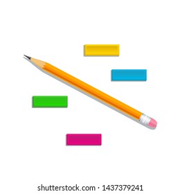 Sharpened realistic orange wooden pencil with colorful rubber erasers isolated on white background. Design element for school supplies, education, stationery, office supply