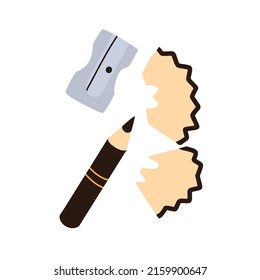 Lápiz pequeño afilado, afilador metálico, restos de puntero y madera, afeitados. Aguda herramienta superior. Ilustración vectorial plana aislada en fondo blanco