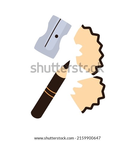 Sharpened small pencil, metal sharpener, pointer and wood remains, shavings. Sharp topper tool. Flat vector illustration isolated on white background