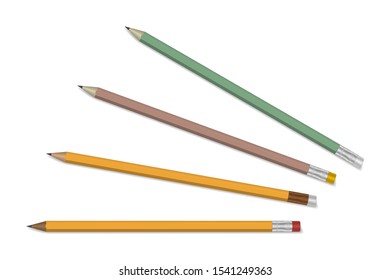 Sharpened wood cased drawing graphite pencil with eraser set isolated on white background, realistic vector illustration