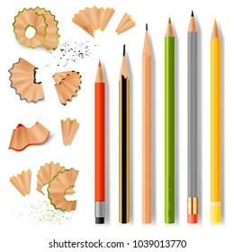 Sharpened wooden pencil with rubber eraser of various size and shavings realistic set isolated on white background vector illustration 