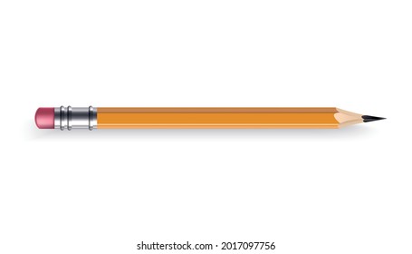 Sharpened wooden pencil with rubber eraser. Color cartoon icon. Realistic isolated item on white background, vector illustration