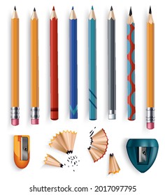 Sharpened wooden pencil with rubber eraser of various size, color sharpeners and shavings. Realistic set of isolated items on white background vector illustration