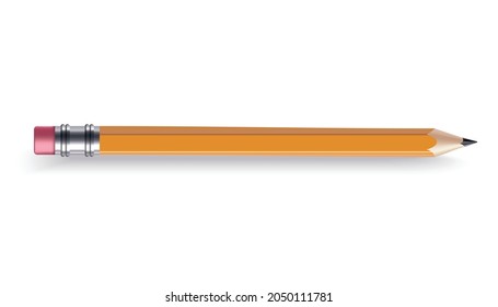 Sharpened wooden pencil with rubber eraser. Color cartoon icon. Realistic isolated item on white background, vector illustration