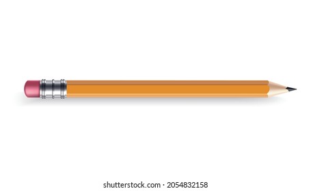 Sharpened wooden pencil with rubber eraser. Color cartoon icon. Realistic isolated item on white background, vector illustration