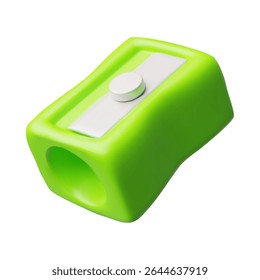 Sharpener 3D plastic cartoon style icon. Realistic green pencil sharpen tool. Volume stationery for artwork. Vector render illustration isolated on white background. Office supplies. Student item
