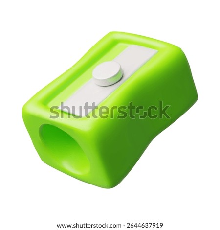 Sharpener 3D plastic cartoon style icon. Realistic green pencil sharpen tool. Volume stationery for artwork. Vector render illustration isolated on white background. Office supplies. Student item