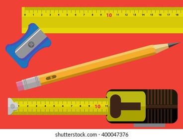 sharpener, ruler, pencil and measure tape