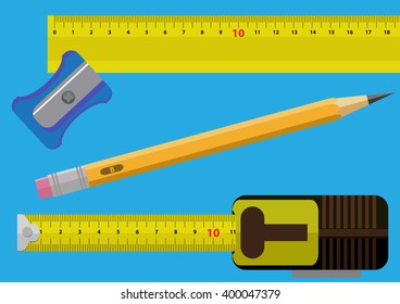 sharpener, ruler, pencil and measure tape