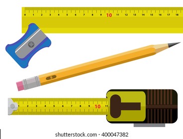 sharpener, ruler, pencil and measure tape