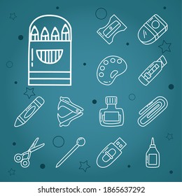 sharpener and stationary icon set over blue background, doodle line style, vector illustration