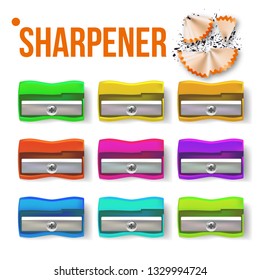 Sharpener Stationery Set Vector. Plastic. Educational Tool. Drawing. Realistic Isolated Illustration