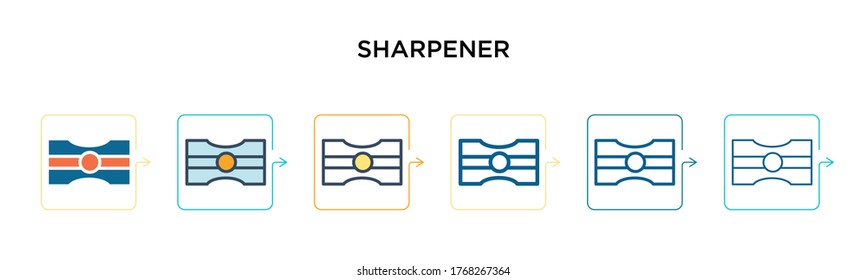 Sharpener vector icon in 6 different modern styles. Black, two colored sharpener icons designed in filled, outline, line and stroke style. Vector illustration can be used for web, mobile, ui