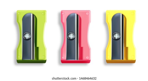 Sharpener vector realistic. Colorful set isolated on white. back to school tools illustration