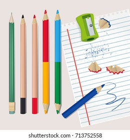 Sharpener and wood debris from the pencils. Vector illustrations for school or office. Sharpener and colored pencil
