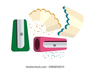 Sharpeners with colored pencil shavings. School supplies vector illustration