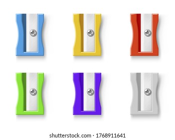 Sharpeners coloured plastic realistic icon set. Pencils cutters. School stationery. Office supplies. Student items. Vector sharpeners collection isolated on white background.