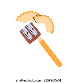 Sharpening Blunt Pencil Inside Sharpener. Fan-shaped Shavings, Wood Remains After Making Stationery Sharp With Topper Tool. Flat Vector Illustration Isolated On White Background