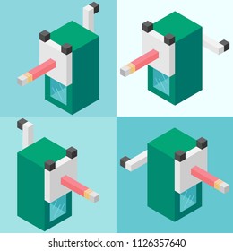 sharpening the pink pencil by Green pencil sharpener isometric 3D illustrations