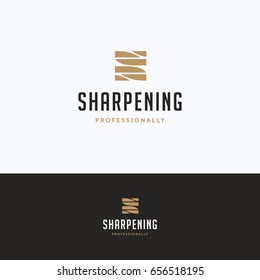 Sharpening service logo. S letter sharpening beige gray logotype. Knife silhouette tool sharpening template