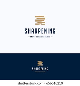 Sharpening service logo. S letter sharpening beige blue logotype. Knife silhouette tool sharpening template