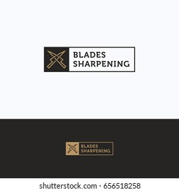 Sharpening service logo. S letter sharpening beige gray logotype. Knife silhouette tool sharpening template