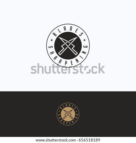 Sharpening service logo. S letter sharpening beige gray logotype. Knife silhouette tool sharpening template