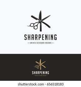 Sharpening service logo. Scissors sharpening beige gray logotype. Knife silhouette tool sharpening template