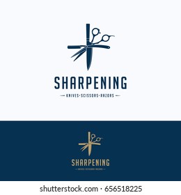 Sharpening service logo. Scissors sharpening beige blue logotype. Knife silhouette tool sharpening template