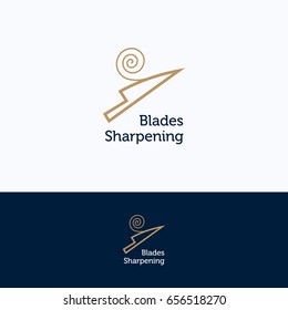 Sharpening service spiral logo. Knife sharpening shavings beige blue logotype. Knife silhouette tool sharpening template