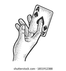 Sharper or magician hand with card sketch engraving vector illustration. T-shirt apparel print design. Scratch board imitation. Black and white hand drawn image.