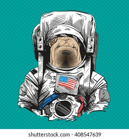 Sharpie dog in astronaut suit. Hand drawn vector illustration