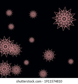 SharpMandala Mystery Dark Colorful Wallpaper. Black Print Christmas Colorful Stars Background. Folk Gothic New Year Snowflakes Winter Ornament. Winter Girl Pink Chaotic Cold Sky Background.