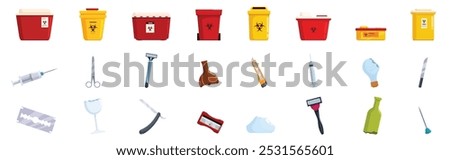 Sharps container icons set. Set of different objects and containers used for medical waste disposal, representing the concept of infection risk