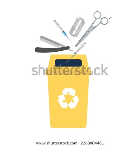 Sharps disposal with Dustbin and dangerous medical products and medical waste with hospital garbage, Recycle bin and wastes that can be recycled. Medical wastes by yellow sharp disposal dustbin trolly