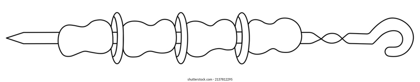 Shashlik. Juicy meat on an iron skewer. Sketch. Vector illustration.  Pieces of meat and onions are prepared for grilling on the grill. Outline on an isolated white background. Doodle style. 
